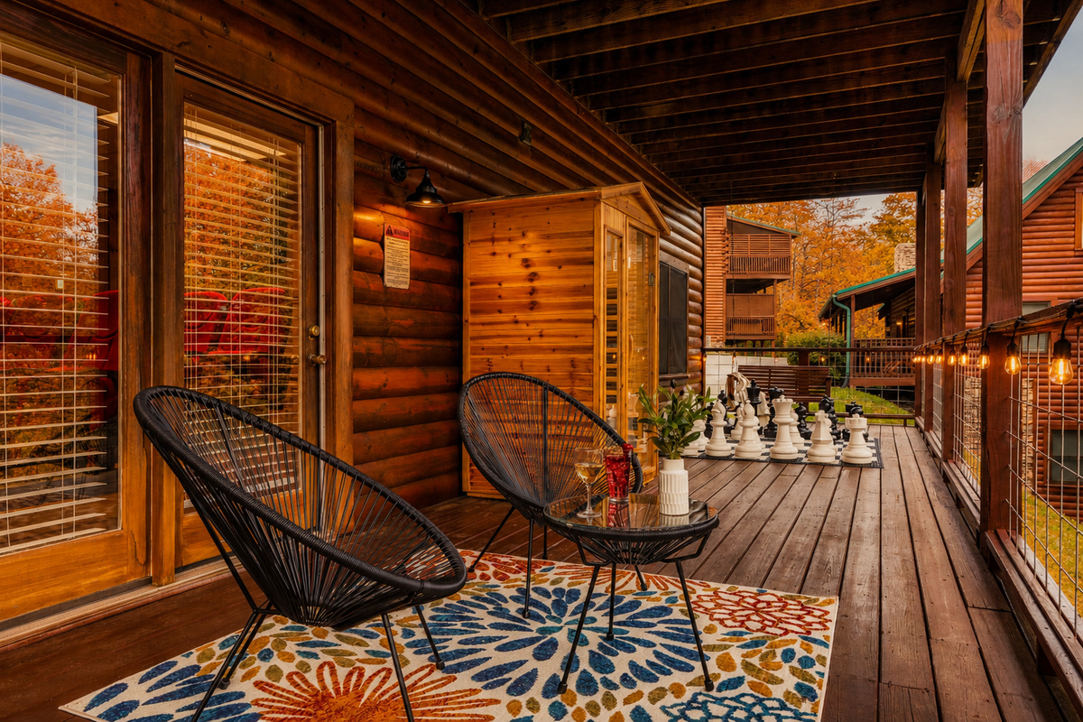 Our lower level porch features seating, sauna, and giant chess for relaxation and fun.