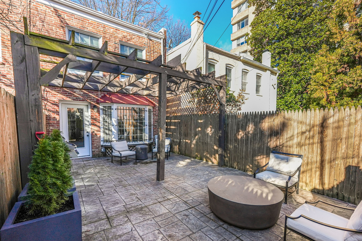 Private Rear Patio: Weber Grill, Restoration Hardware Seating & Table.