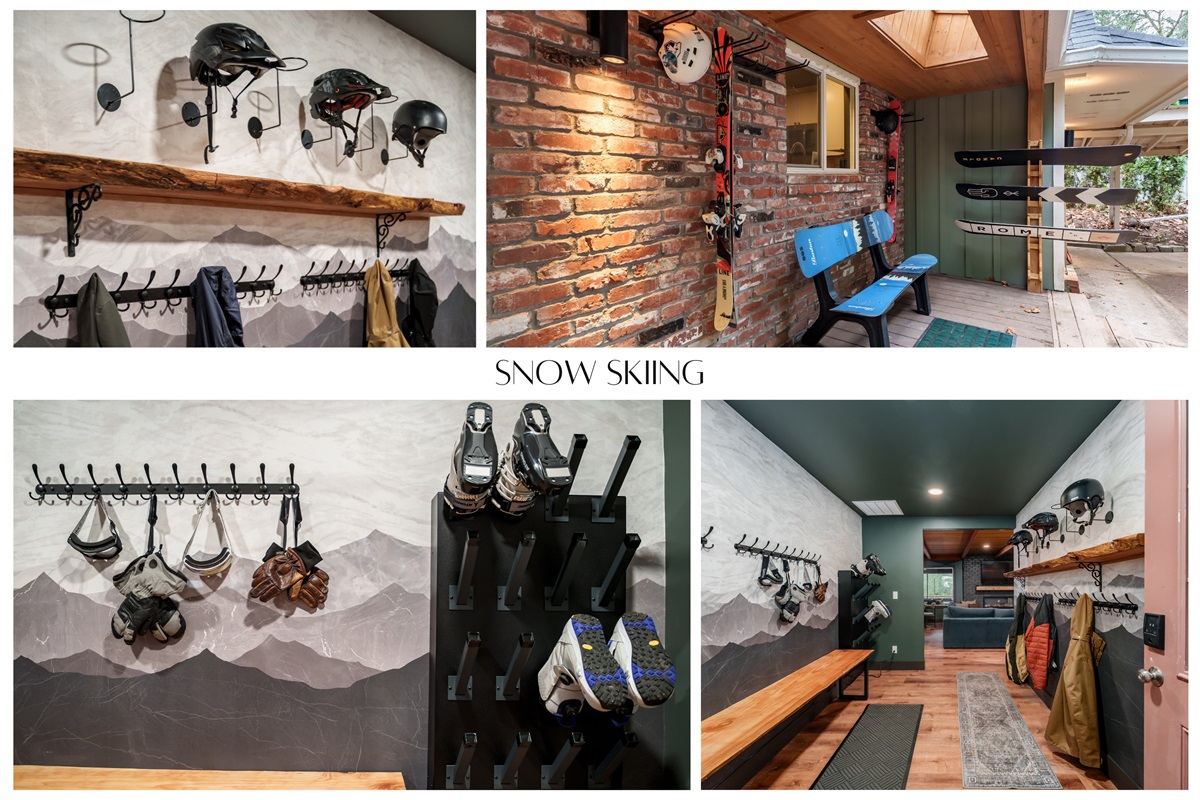 Dedicated ski room with boot dryers, helmet storage, wall racks, outdoor ski/snowboard holders, and a spacious bench—everything you need for organized, hassle-free mountain days.