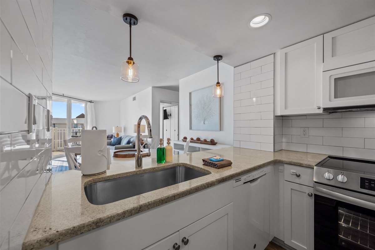 Bright kitchen flowing into the living area