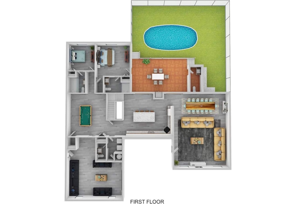 First Floor Plan: 1 King Bedroom, 1 Queen Bedroom, Living Room, Kitchen, Billiards Room, and Theater Room.