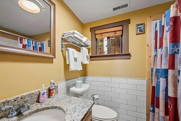 This third full bathroom provides excellent convenience for the lower floor, complete with a walk-in shower setup, modern vanity countertop, and a bright, clean layout.