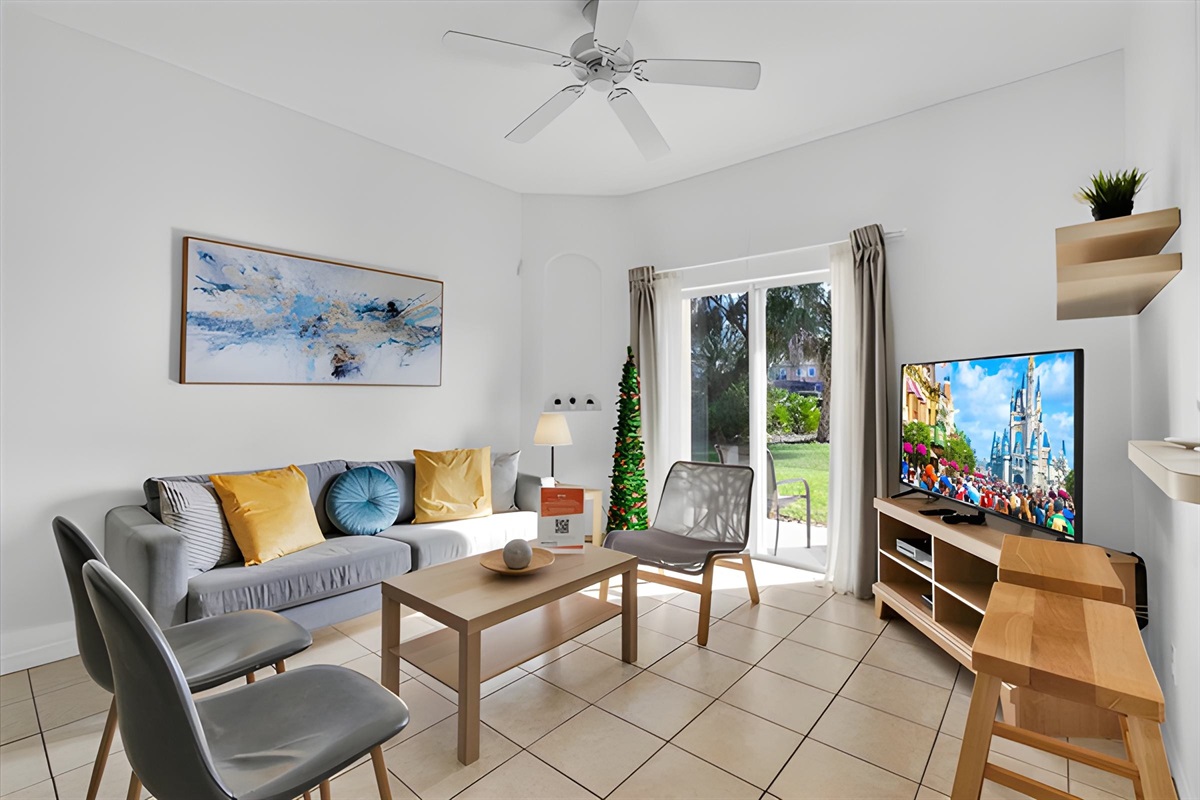 From the living area, you have a lovely outdoor view. And the open floorplan integrates the living and dining areas for you to enjoy family time during your stay.