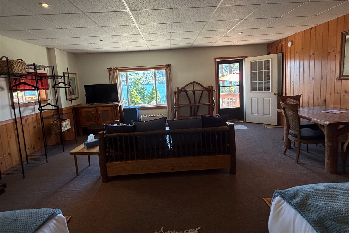 Open concept sleeping, living, dining area