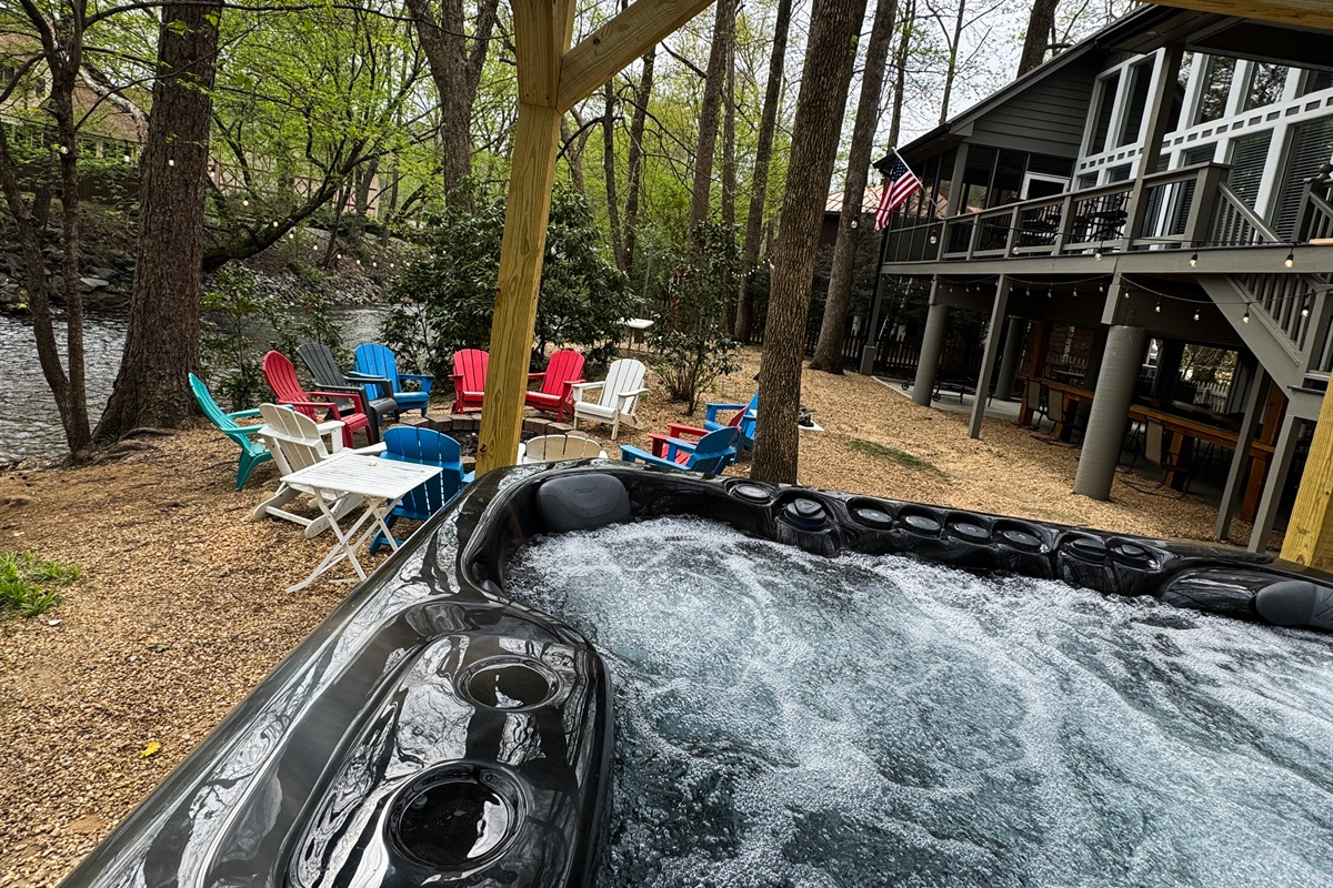 8 person Hot Tub next to fire pit and Chattahoochee 