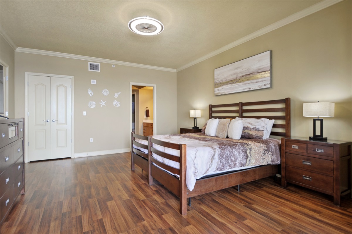 Main bedroom. King bed. Balcony access. Walk in closet. En-suite bathroom. Tv.