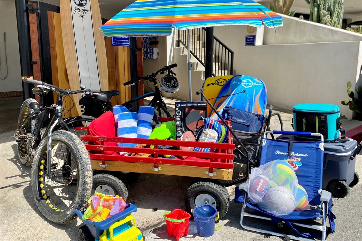 Free bikes (fat and regular)!  We provide everything you need to enjoy San Clemente at no charge: Bikes and helmets, Boogie Boards, Beach Chairs, Beach Towels, Umbrella, a wagon, a cooler, beach paddleball, and even yoga mats.