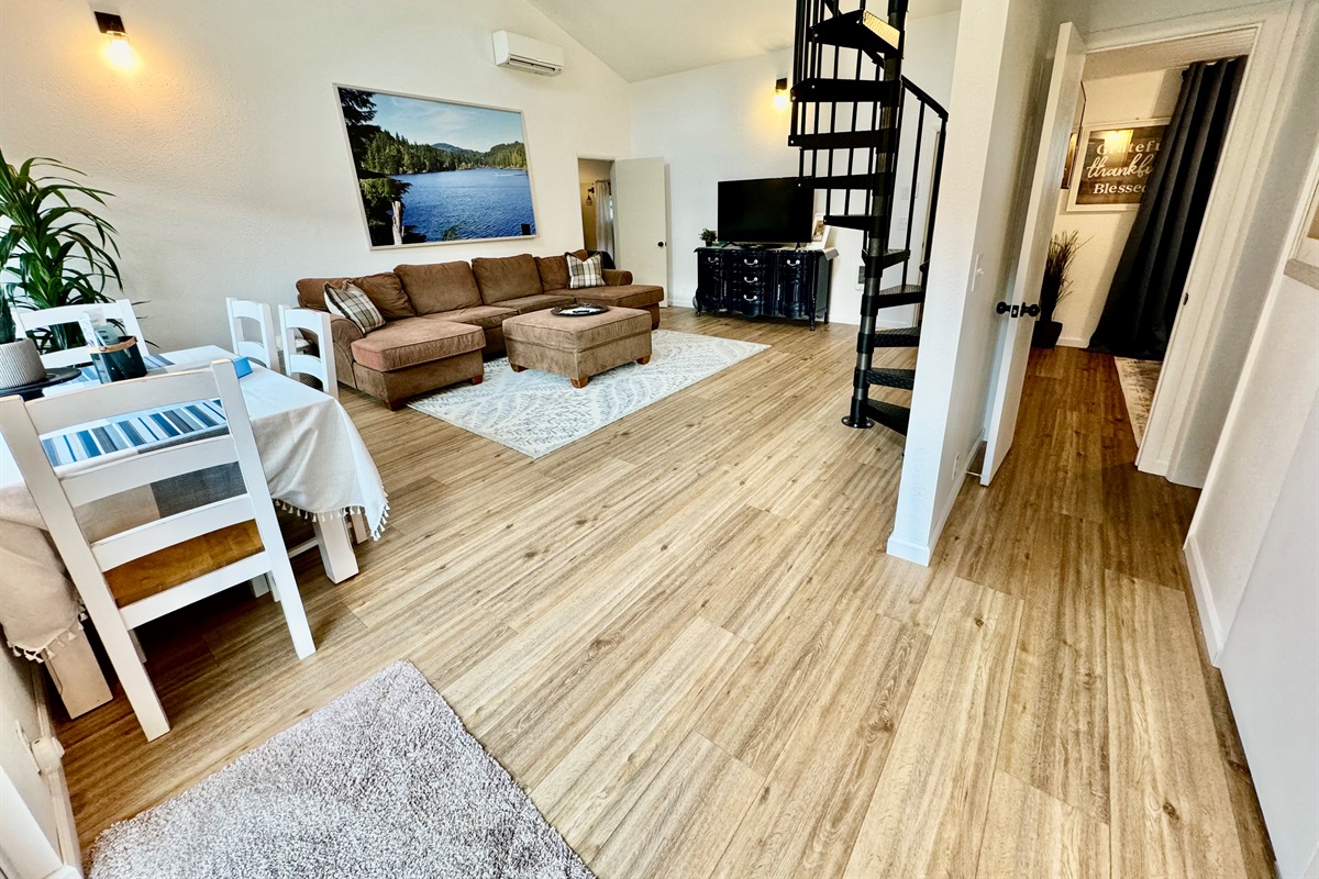 dining area, Living room, hallway to bath & queen bedroom - stairs to loft