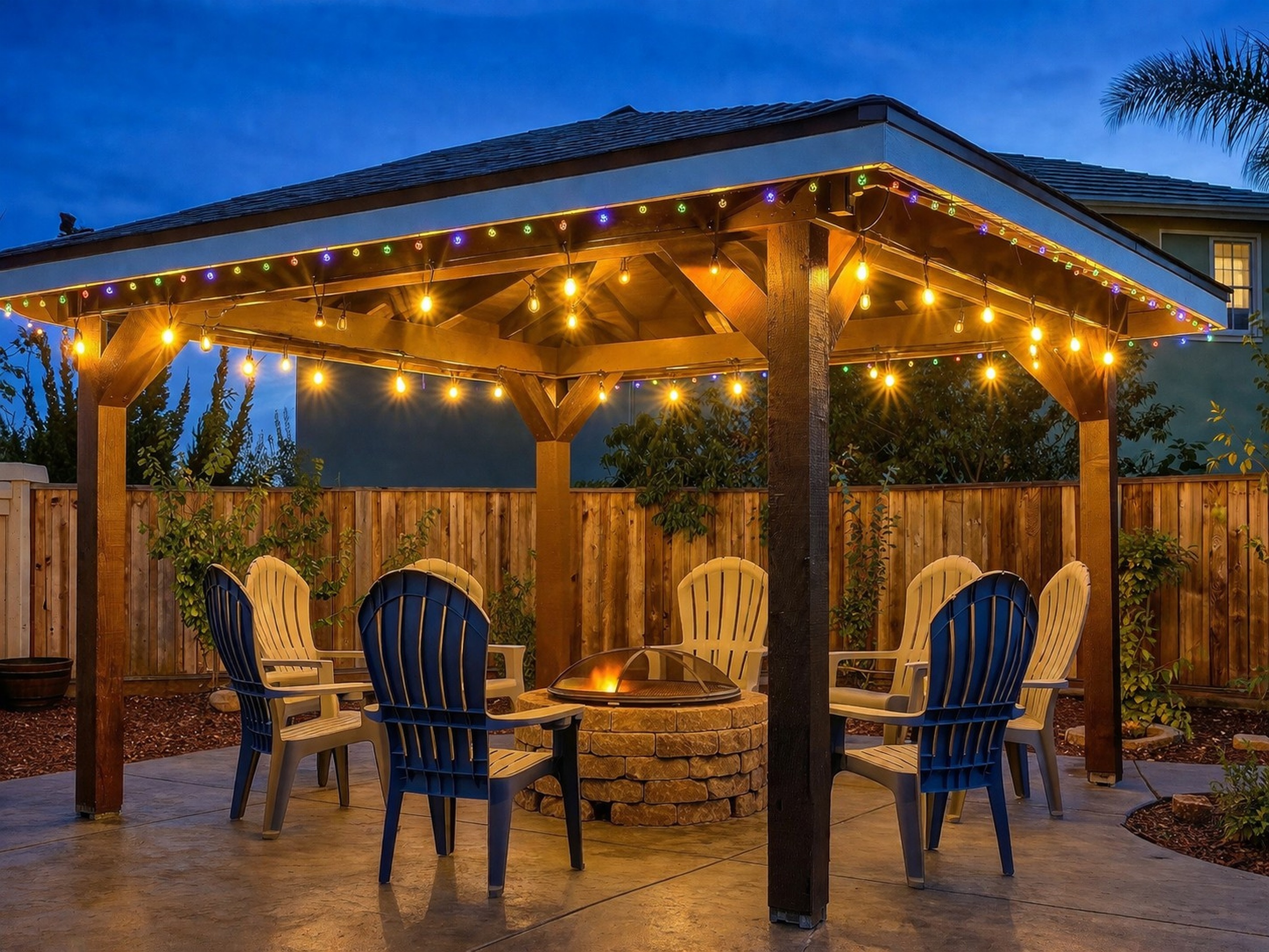 Fire pit seating under gazebo – perfect for evenings together