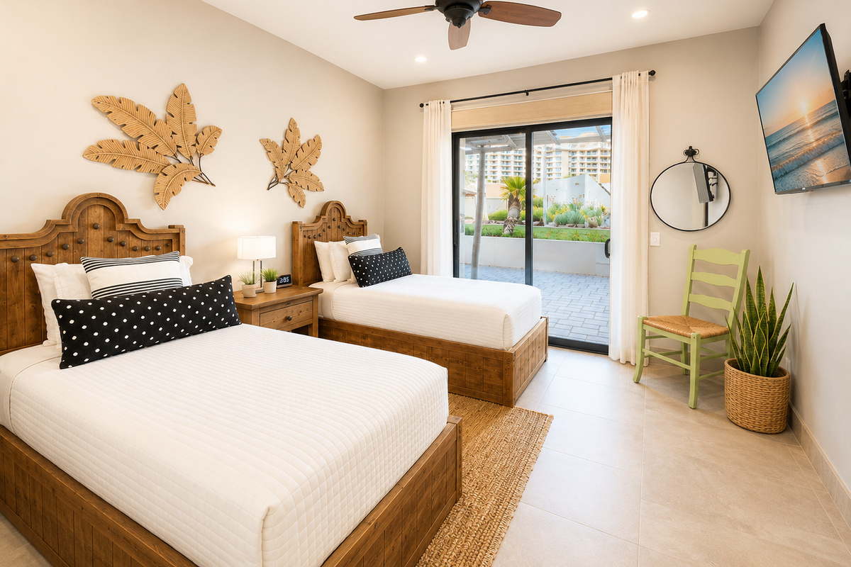 Casita 2: This private guest casita features two Twin XL beds, a Smart TV, ceiling fan, and direct patio access.