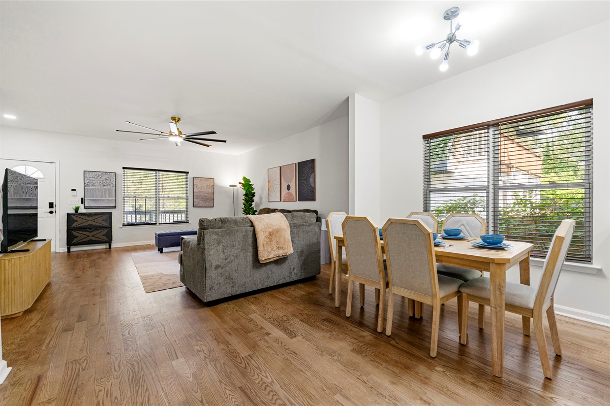 Spacious dining area with soft seating and a warm, homey vibe.