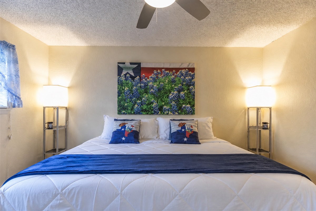 With an extender we provide, the 2 twins in this room can become 1 King. Let us know if you need us to set that up prior to your arrival. All mattresses are fully encased, pre-treated & all linens (including comforters) are washed before EACH new guest.  
