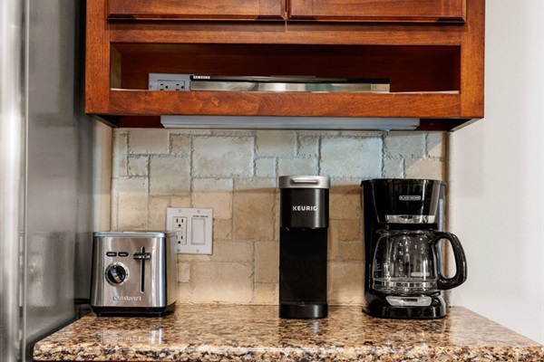 Auto drip and Keurig coffee makers available.
