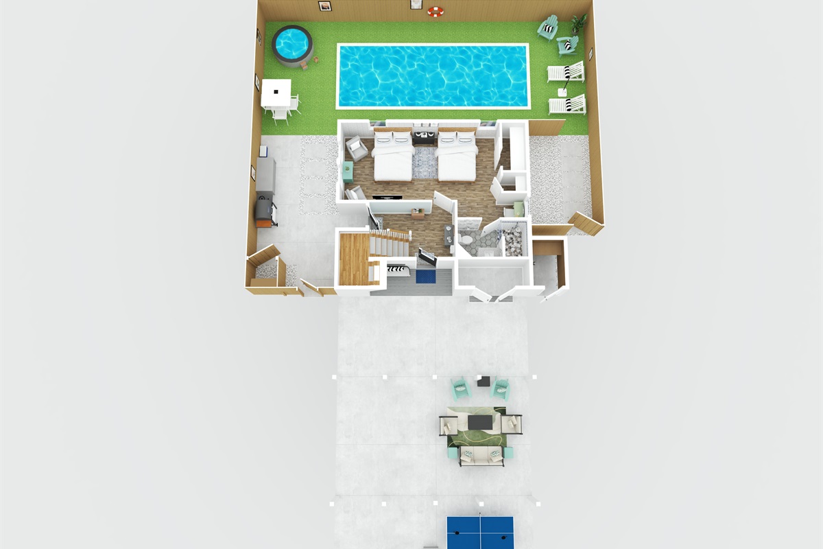 First floor / ground-level layout showcasing outdoor spaces, pool area, entryway and expansive first floor guest suite.