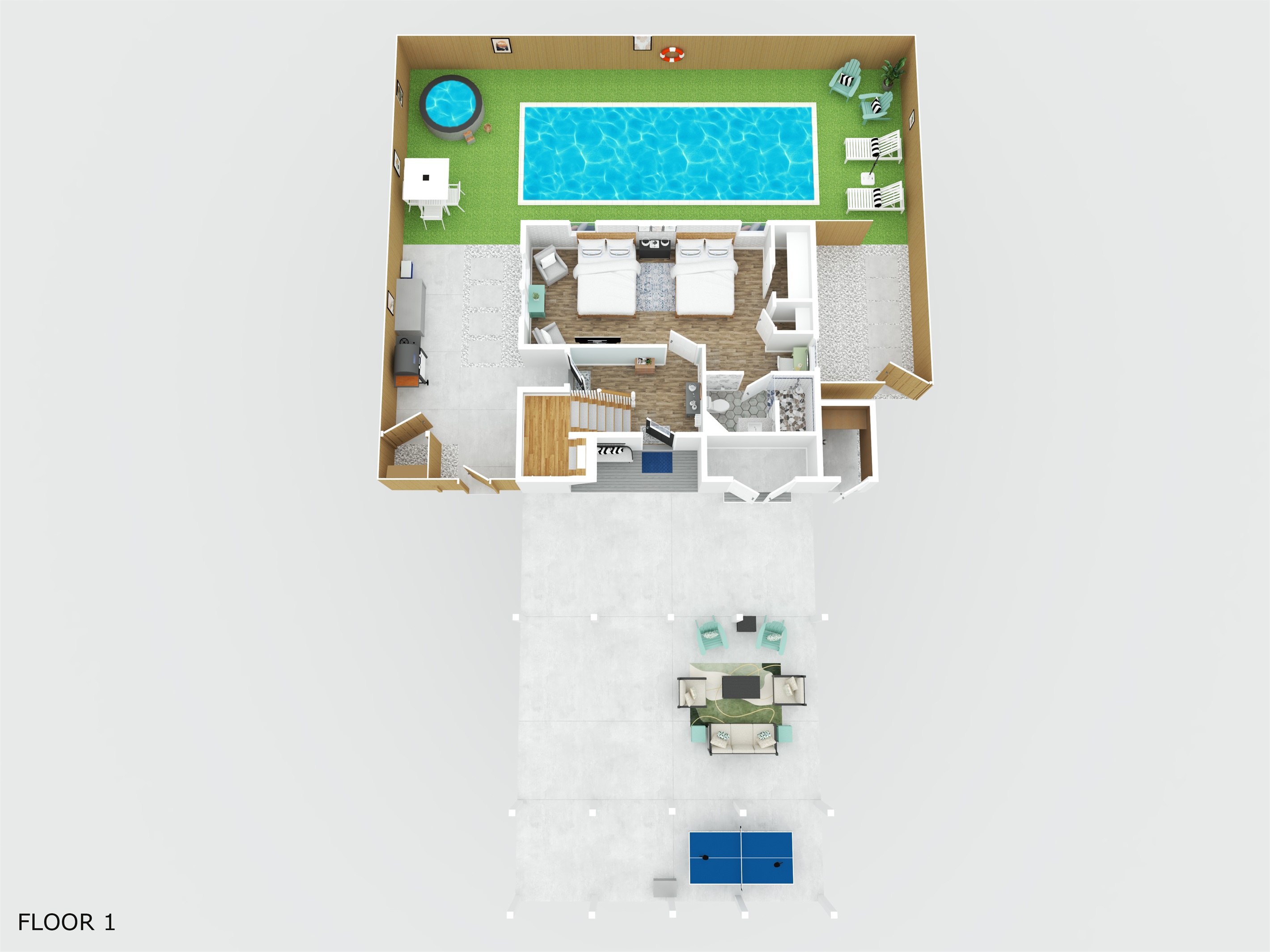 First floor / ground-level layout showcasing outdoor spaces, pool area, entryway and expansive first floor guest suite.