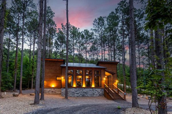 Cabin is nestled amongst 40 ft pine trees