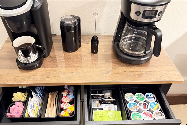 Coffee bar and amenities so you don't have to venture to a coffee shop for your morning cup.  Just brew and enjoy!
