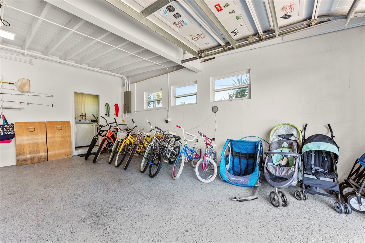 Bikes, bike trailer, strollers, corn hole
