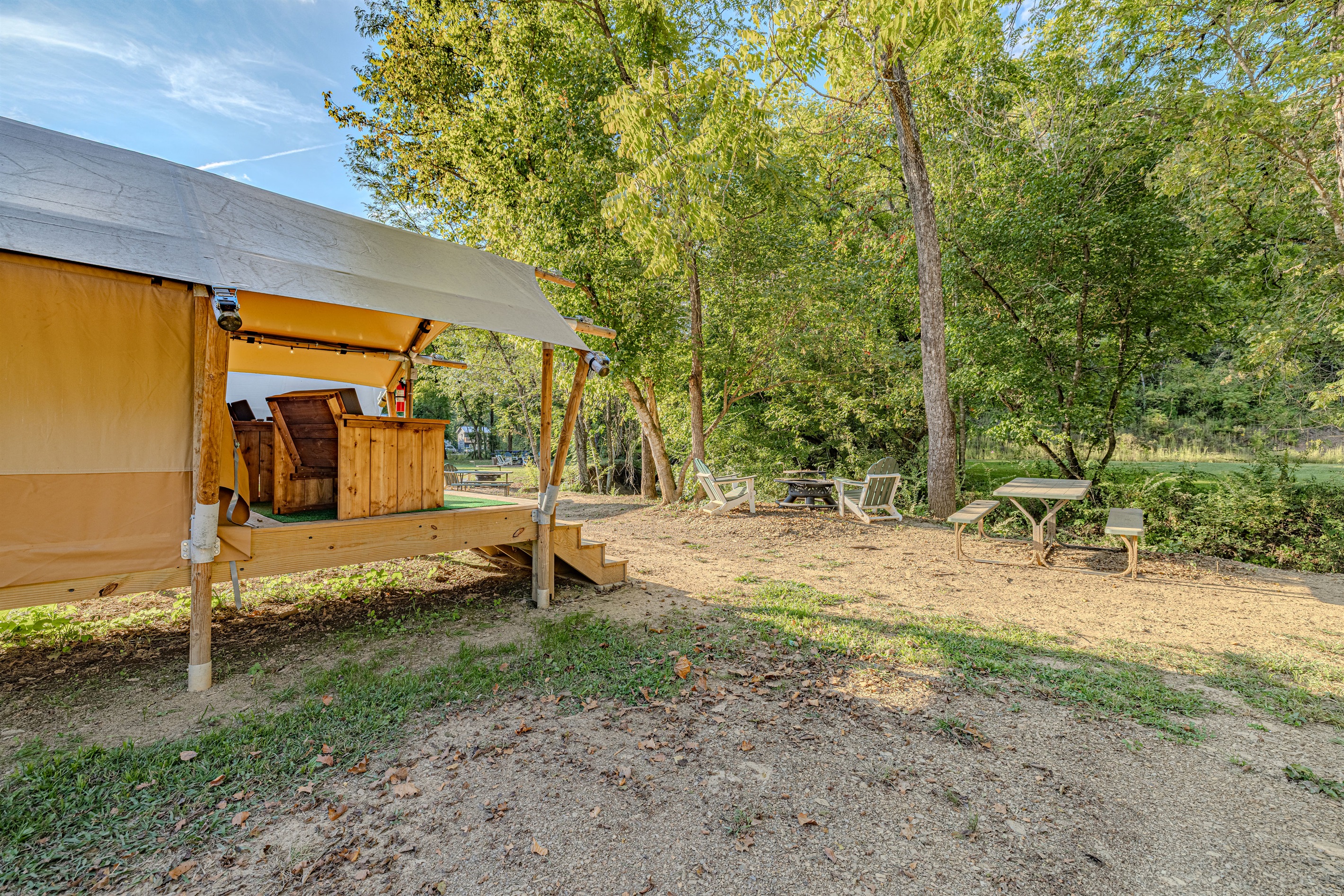 Grilling, dining, and relaxing. Your glamping experience extends far beyond the tent with this beautiful, private area for all your outdoor activities.
