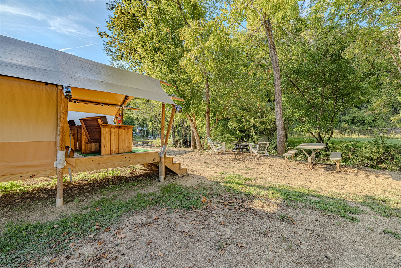 Grilling, dining, and relaxing. Your glamping experience extends far beyond the tent with this beautiful, private area for all your outdoor activities.