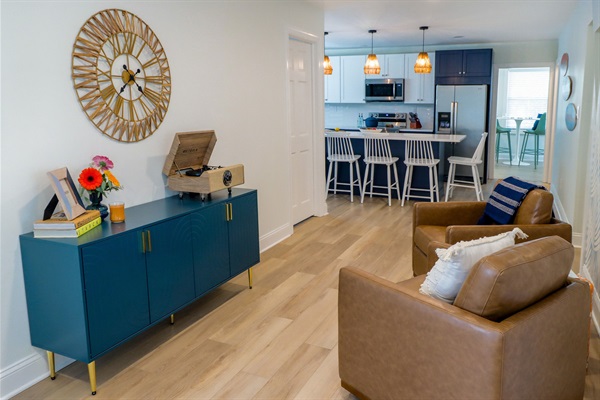 Relax and read a book or put a record on the Victrola record player 