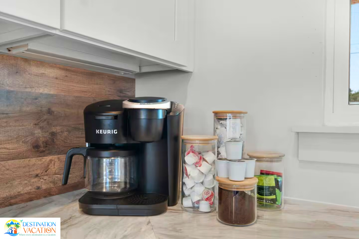 Convenient coffee station makes mornings effortlessly enjoyable.