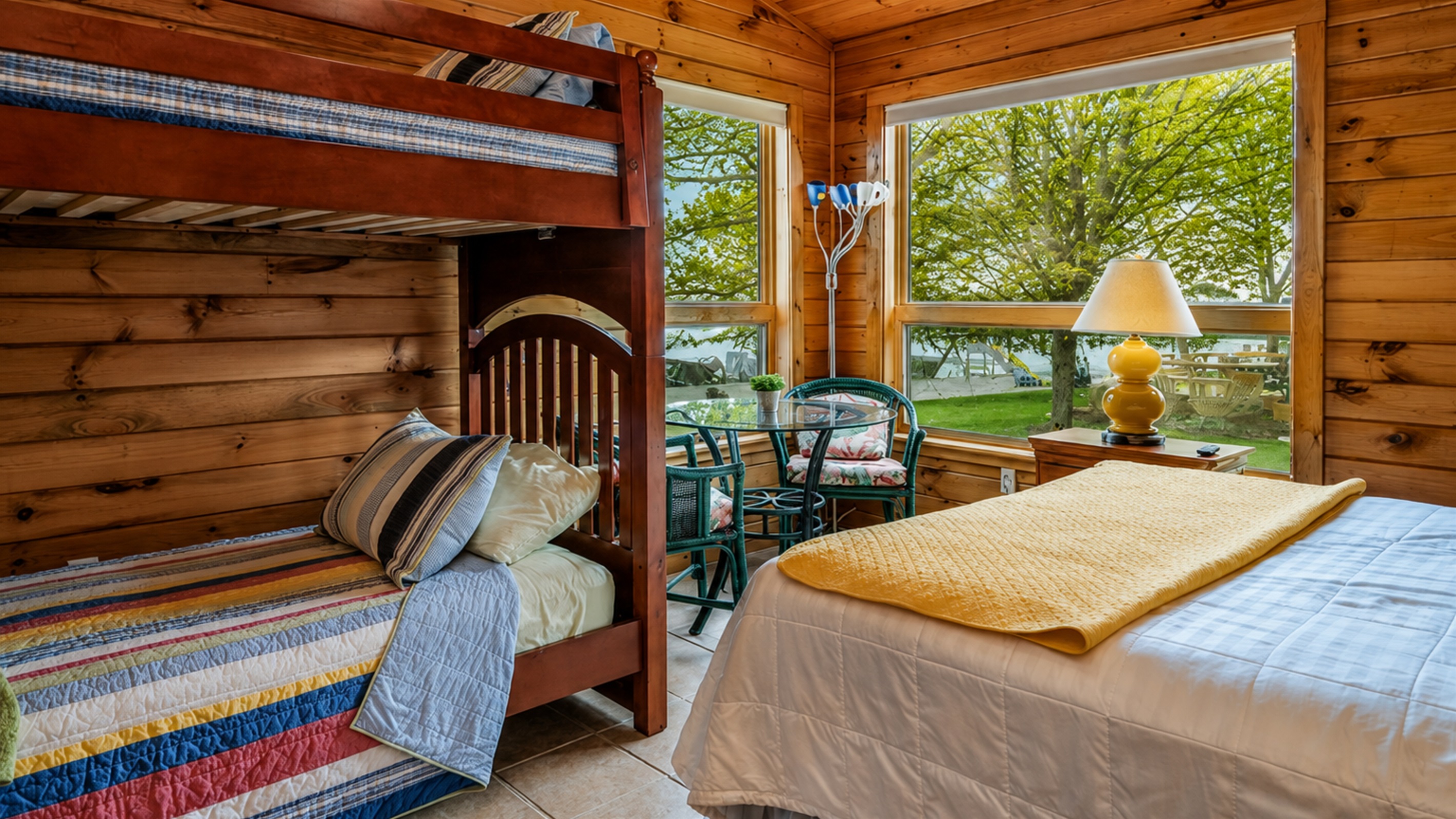 Relax in this inviting bedroom featuring a comfortable bunk bed and a cozy double bed, perfect for families or groups. 🛏️🏞️🌅