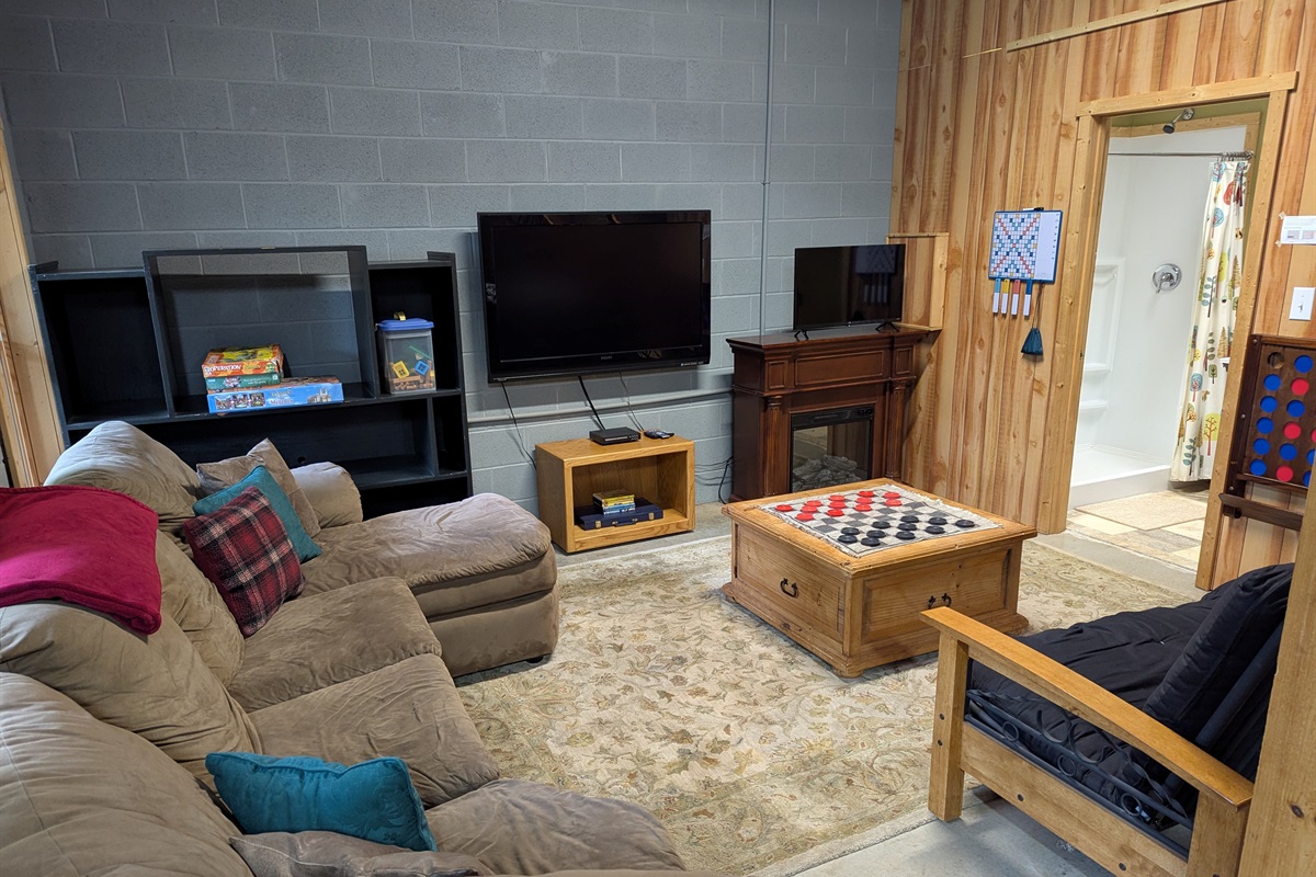 Sleeper futon in basement game room