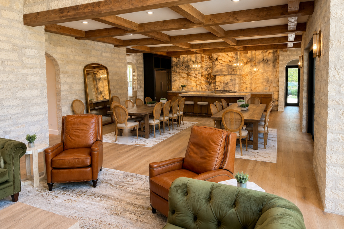 Lodge room facing kitchen and dining 