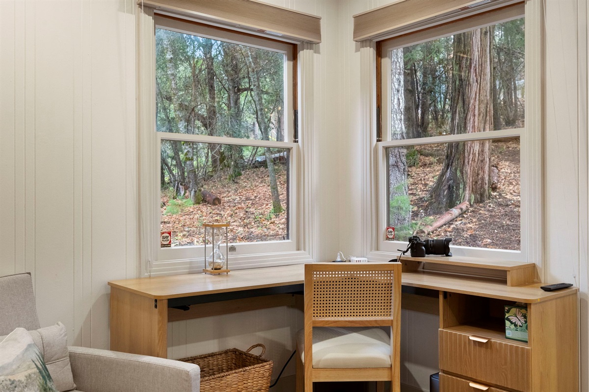 Work/office area facing the forest in the master bedroom. Cabin has high speed internet.