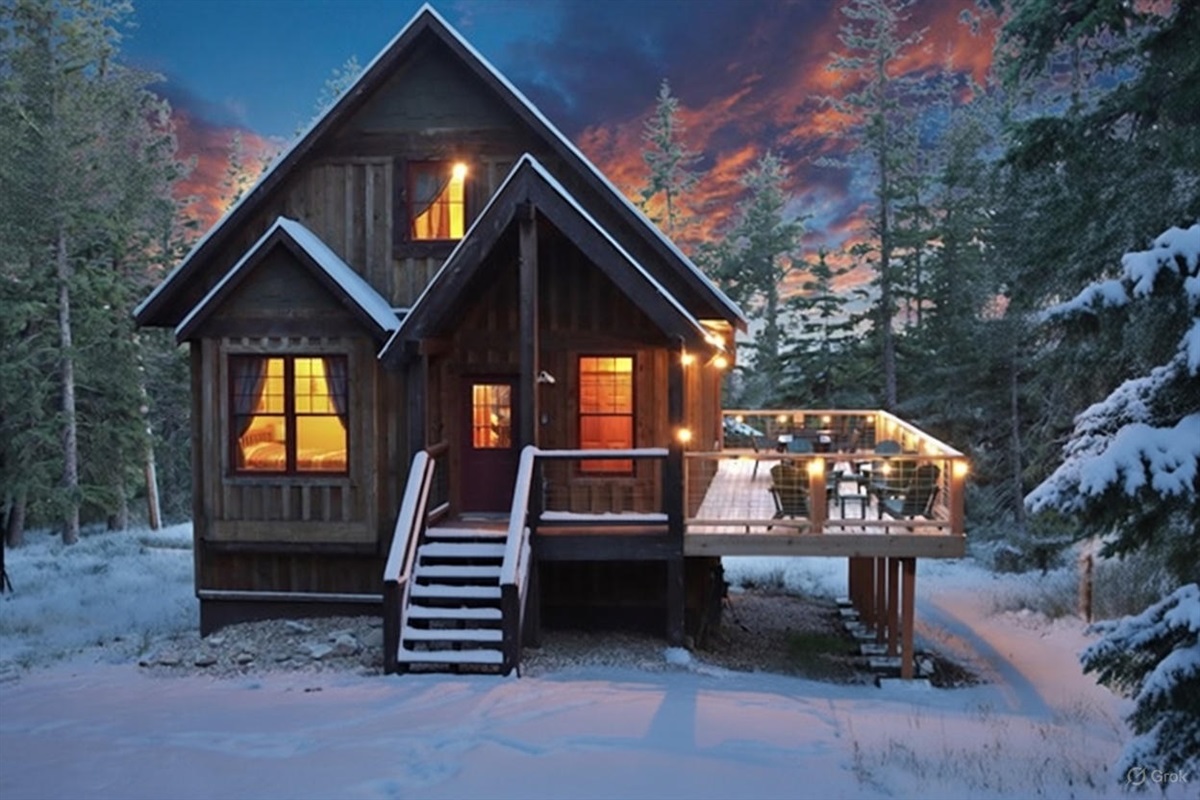 Cozy up inside while the pines glow at sunset—your perfect mountain cabin escape after a day of adventure.
