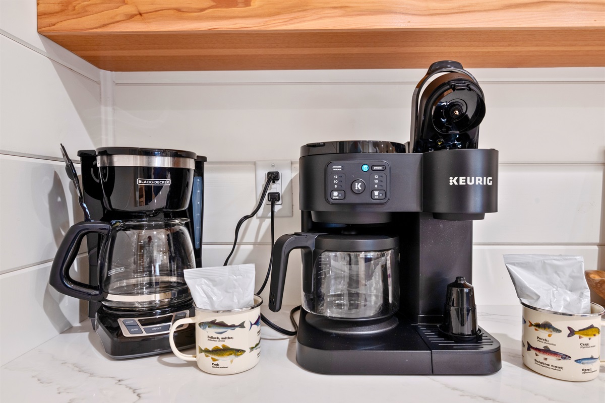 Coffee station with both drip and Keurig options.