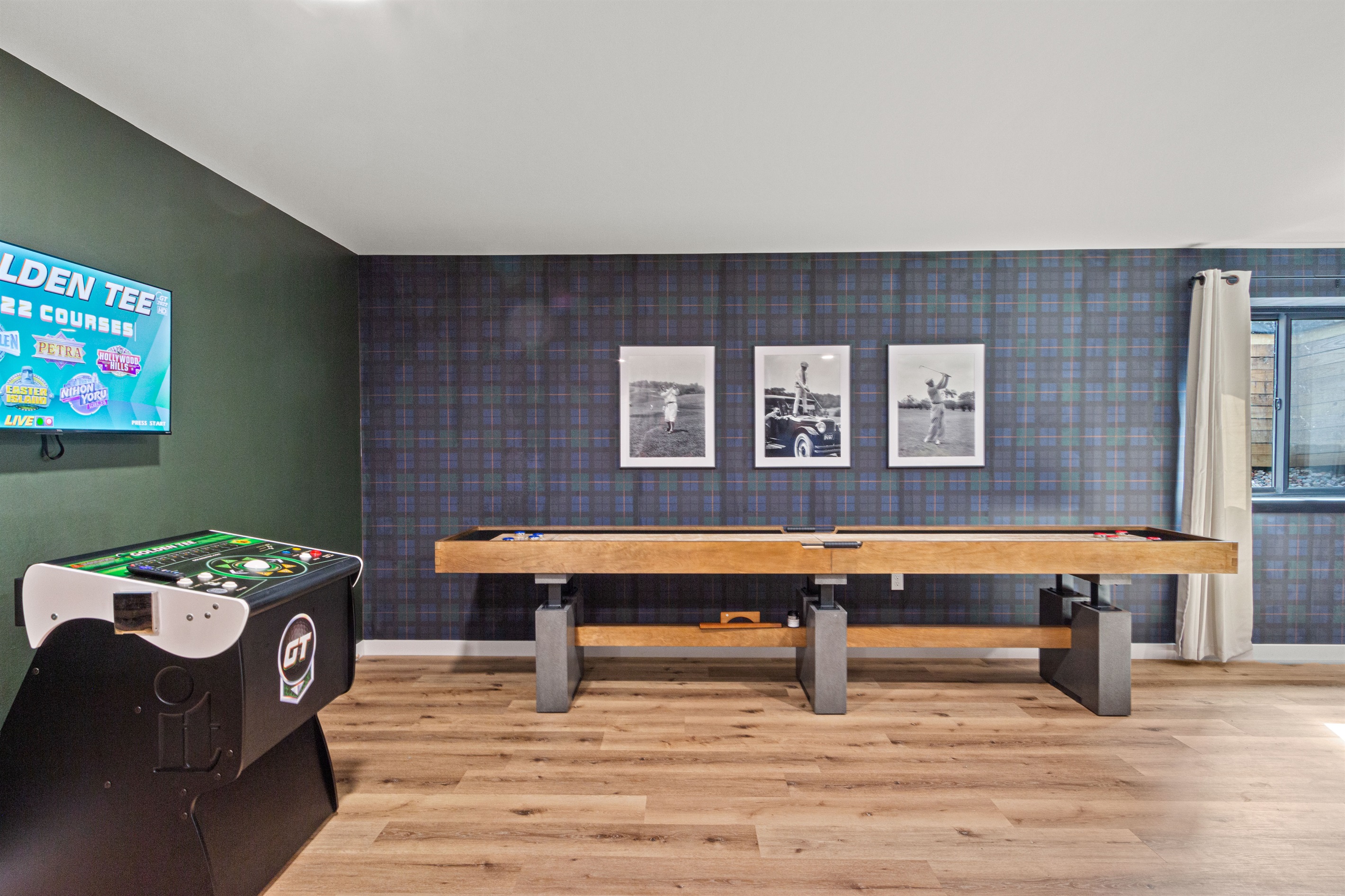 Golden Tee machine and Shuffleboard table