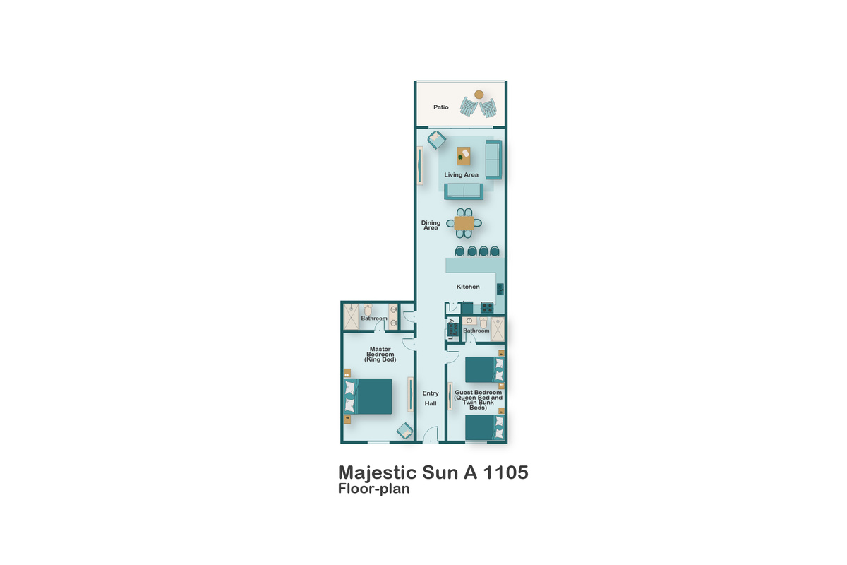 Floor plan for Majestic Sun A1105. Welcome to Majestic Sun A1105 with an open living space, comfortable furniture, and incredible Gulf views from the Living Room and Balcony!