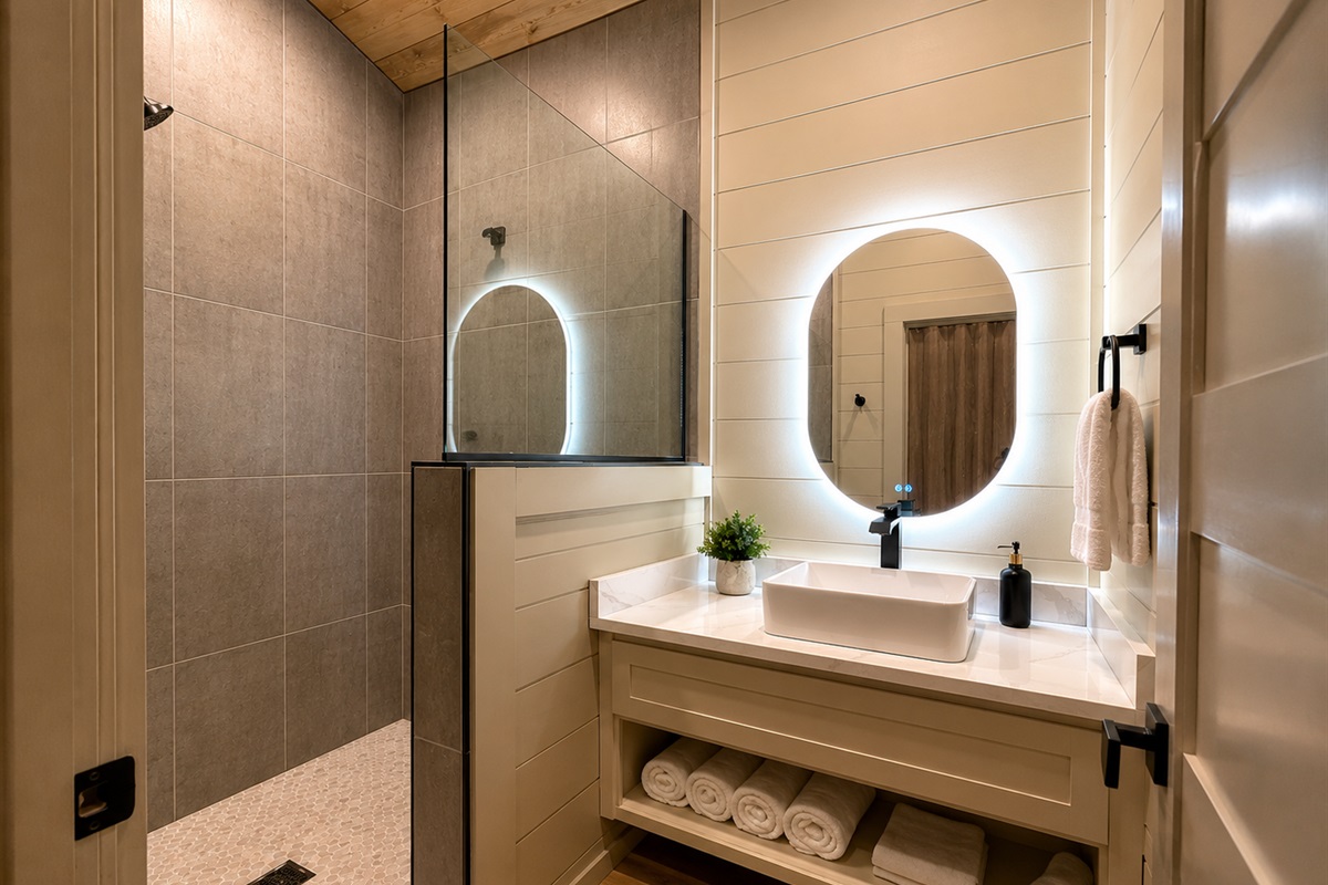 Stylish Bathroom: Indulge in contemporary design with a sleek shower and elegant lighting!