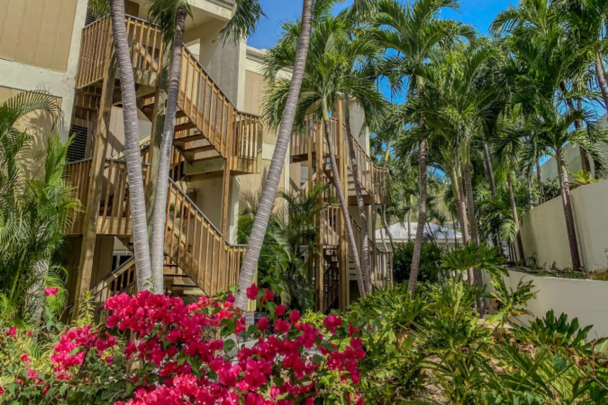 Beautifully maintained resort buildings surrounded by lush tropical landscaping and island charm.
