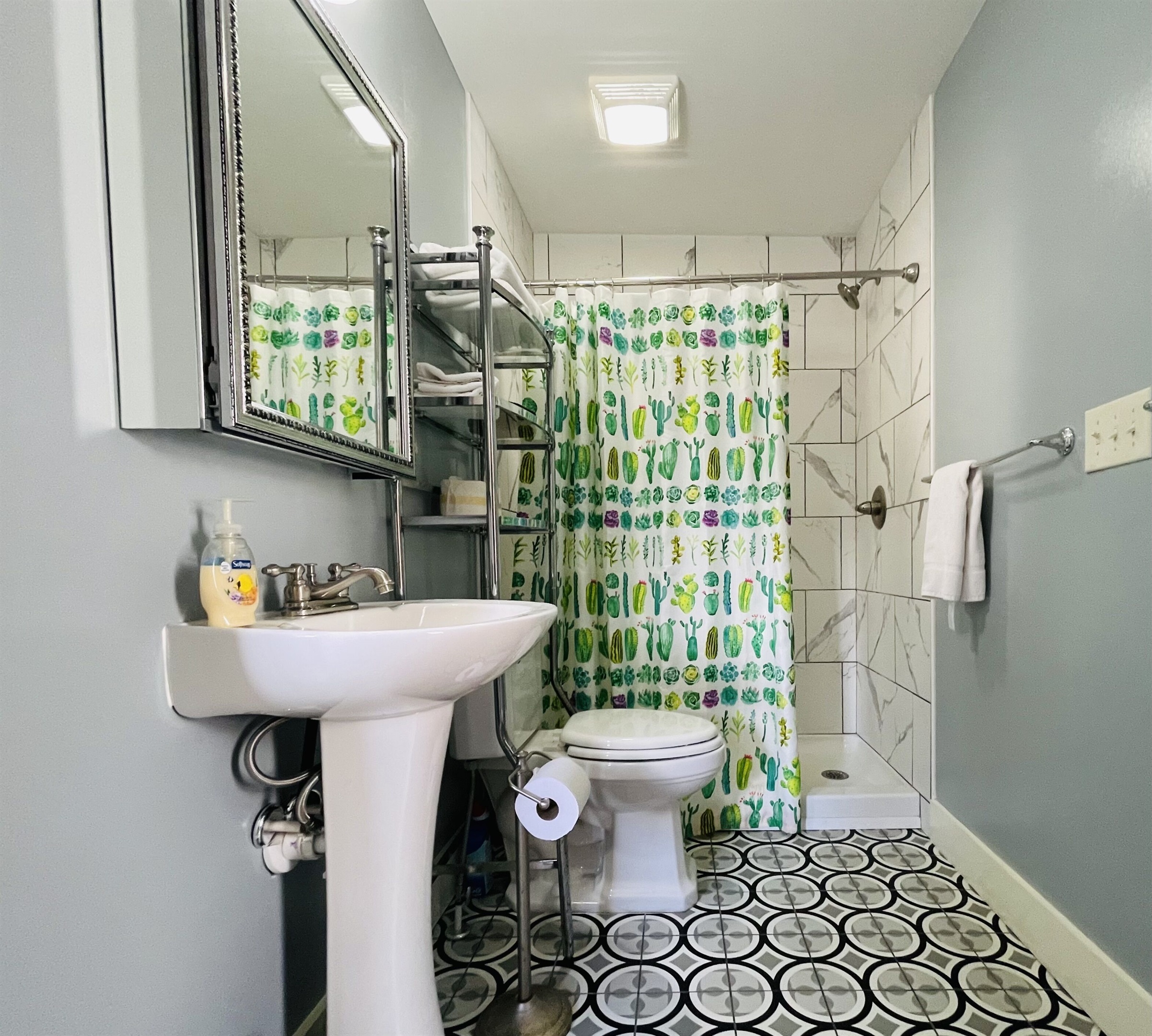 Downstairs bathroom with walk in shower