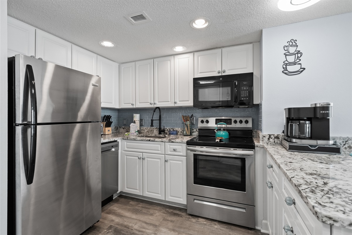 Refrigerator, Dishwasher, Stove, Microwave, and Coffee Pot all Accessible to Guests