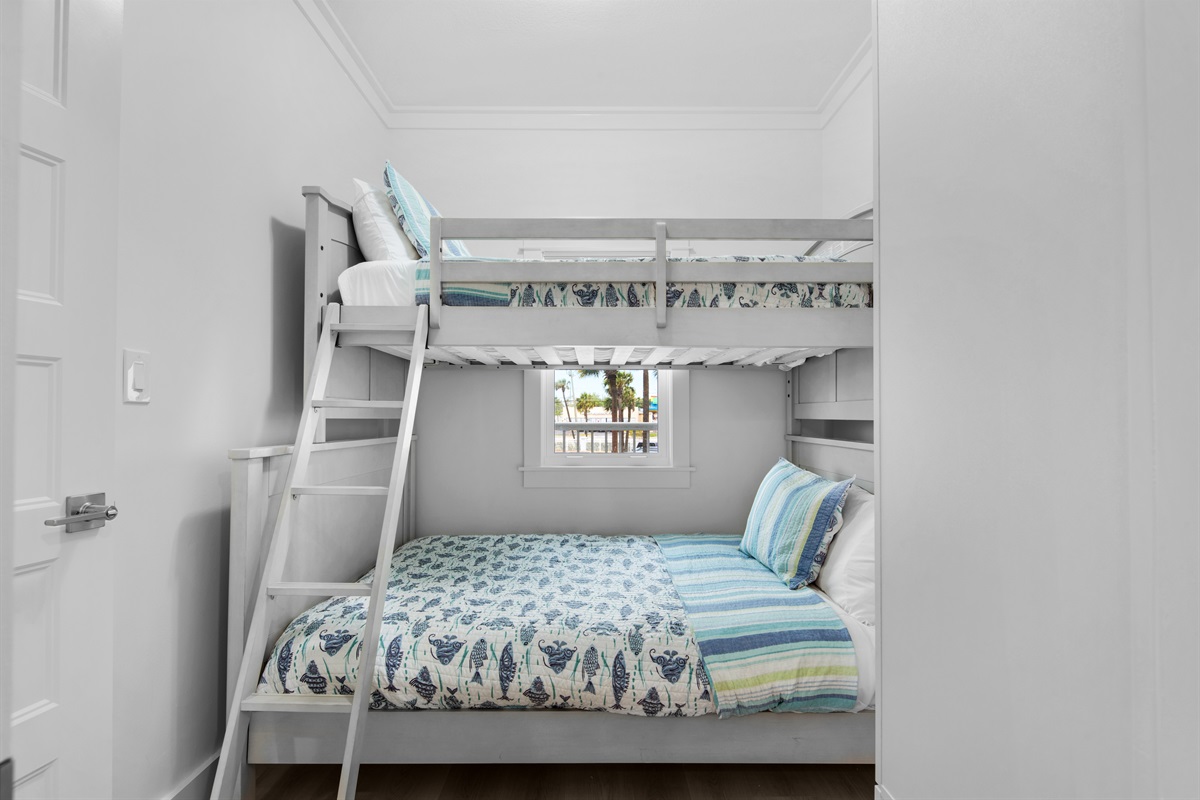 Twin over full bunk beds in the second bedroom