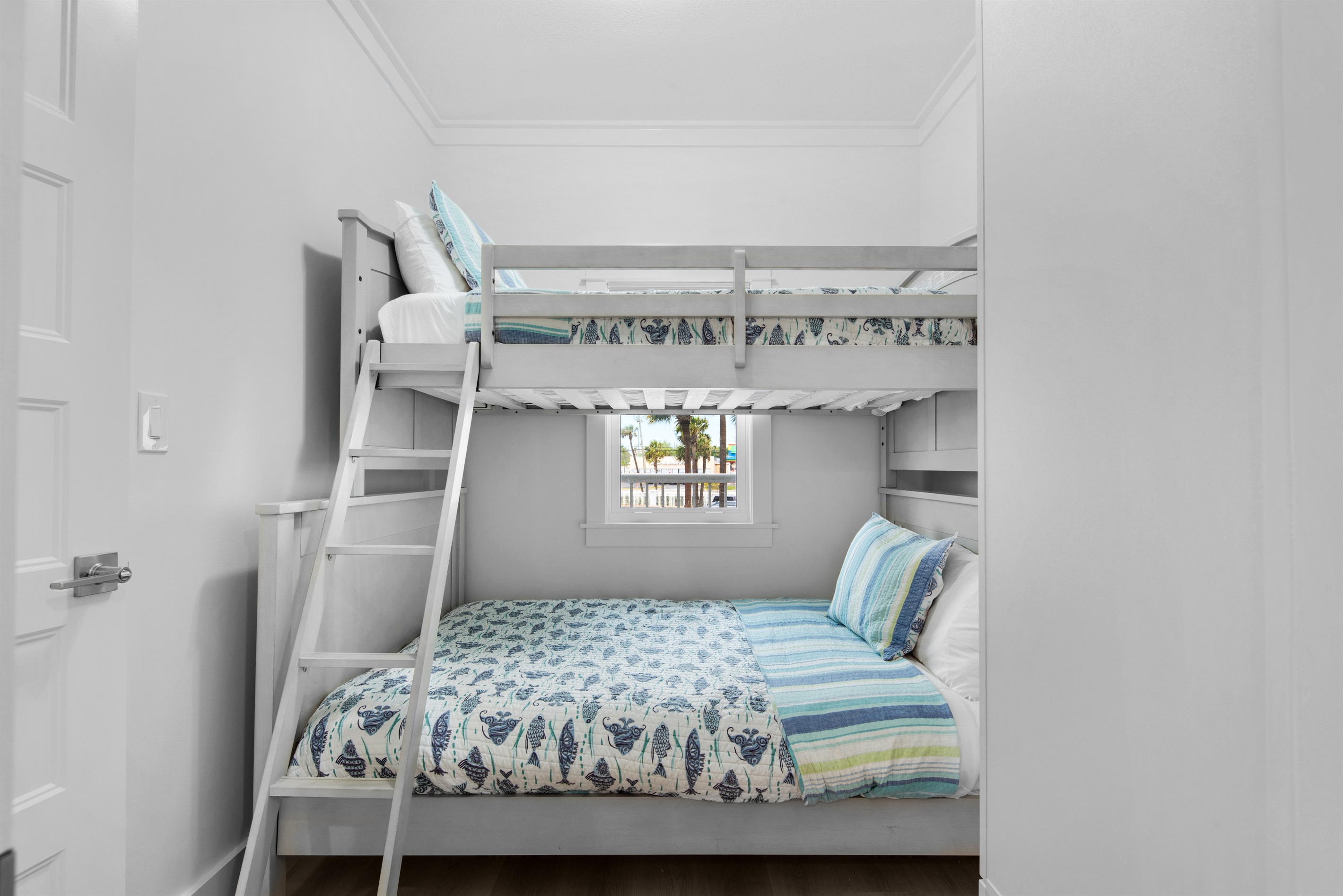 Twin over full bunk beds in the second bedroom