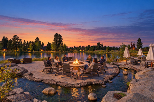 Dusk at the Lake House—fireside gathering spots and peaceful lake views at this restaurant, just minutes from the house