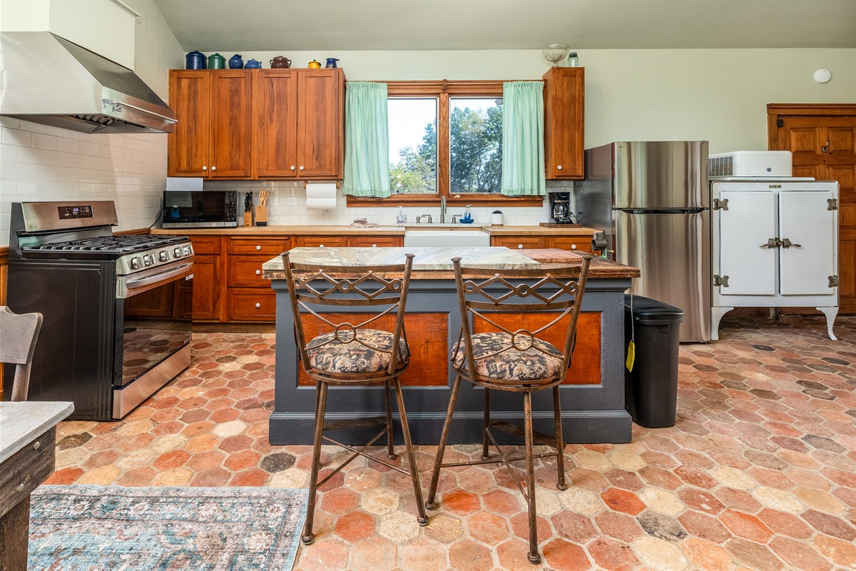 Kitchen overview featuring the island, stainless steel appliances, and vintage fridge.
