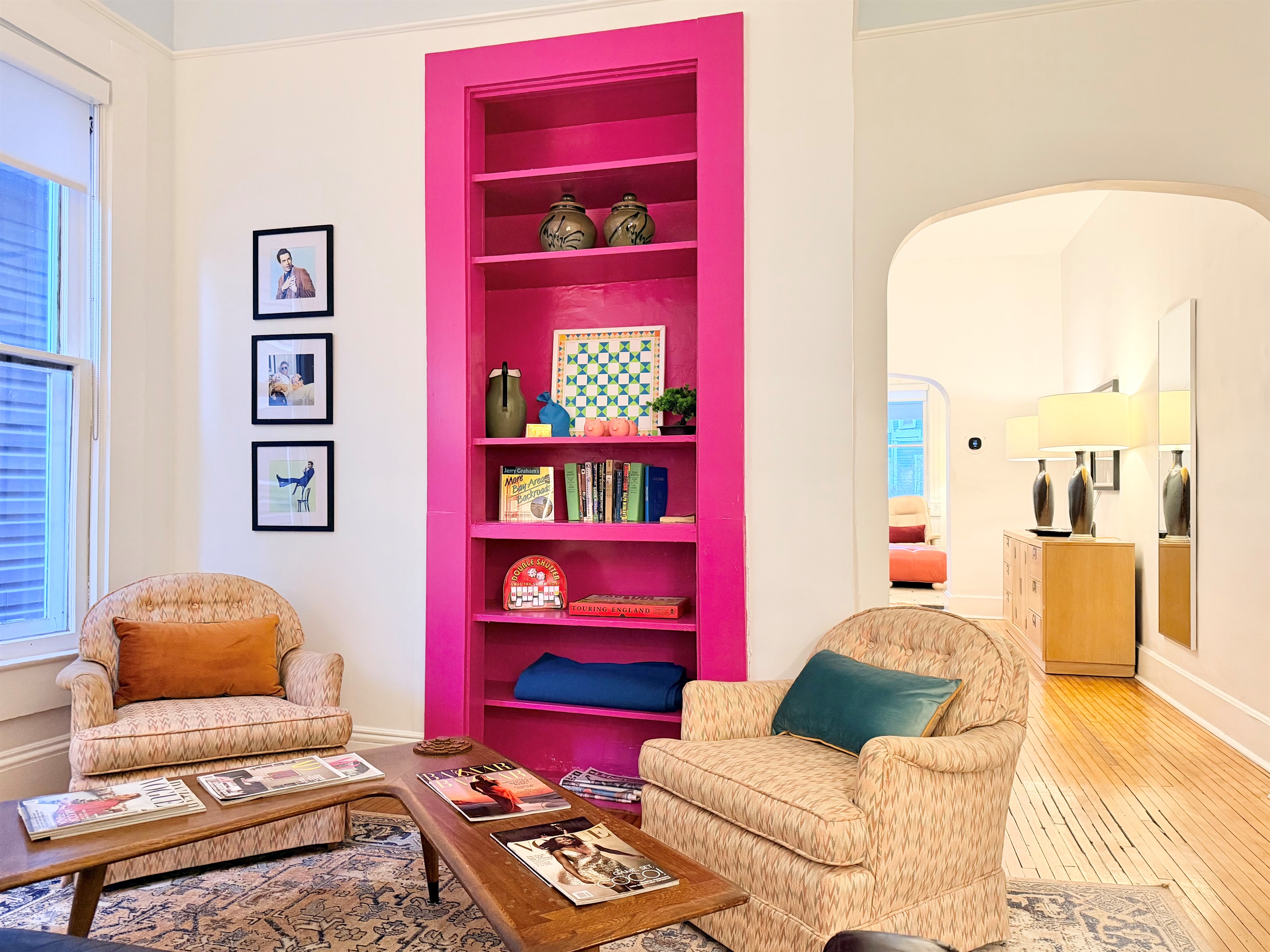 Mid-century modern meets vibrant pop culture in this cozy den space. 