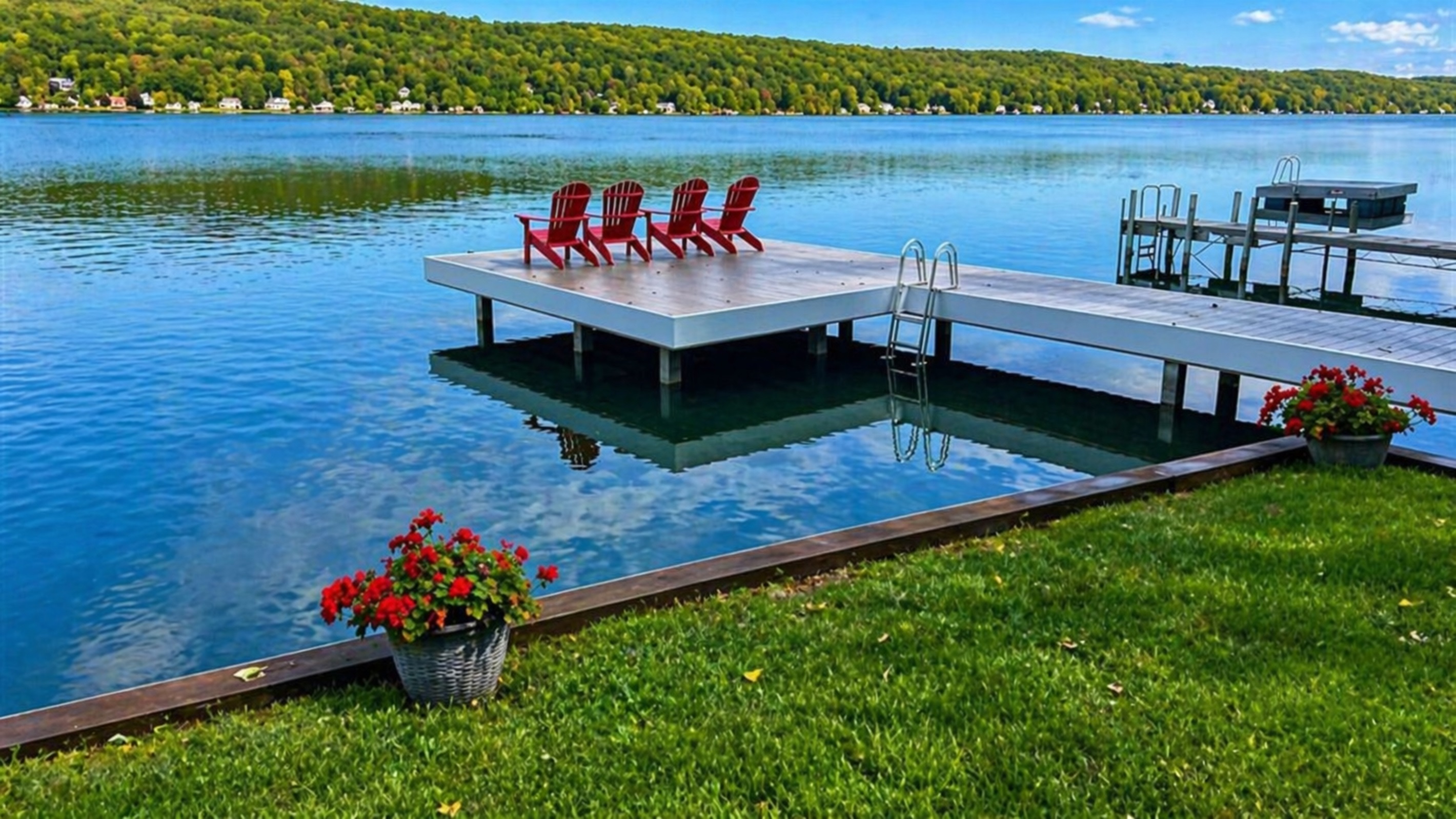 Calm waters, crisp air, and a floating dock that invites you to relax. Experience the beauty of all four seasons right here on the lake! 
