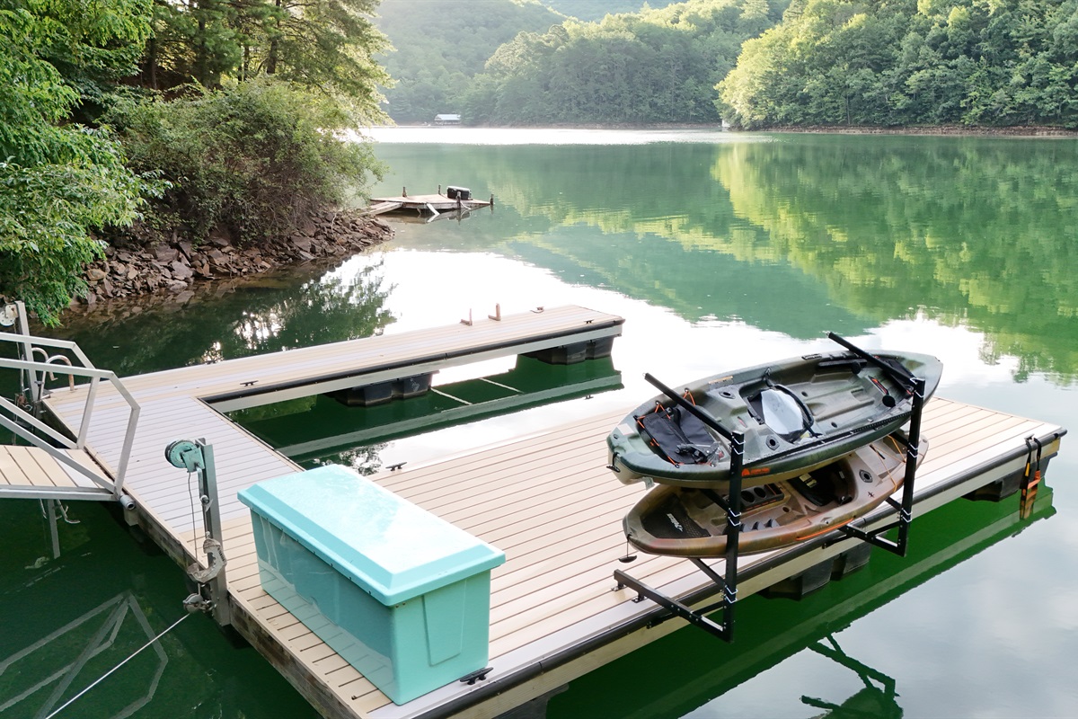 Kayak adventures await! Paddle across the crystal-clear lake from your private dock.