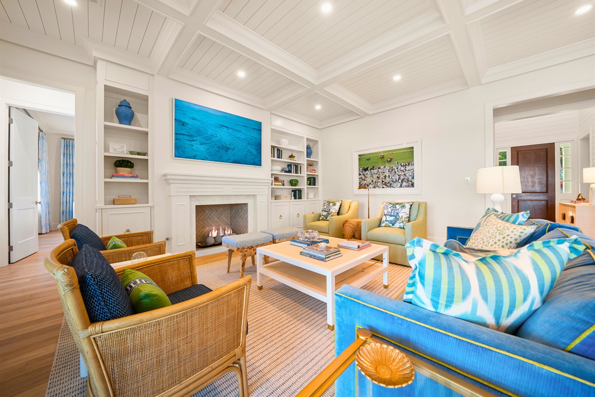 Family gathering area with comfortable seating and lake views.