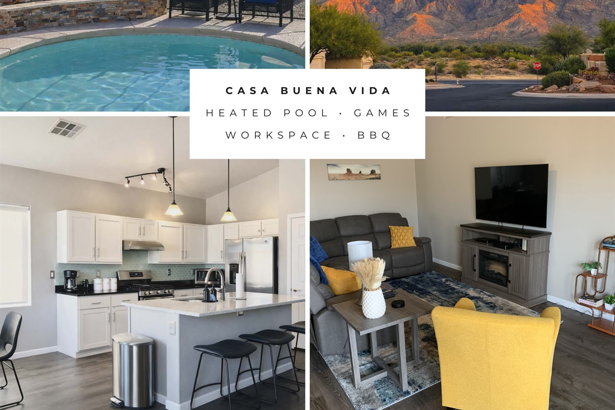 Discover your home away from home: Casa Buena Vida, a spacious three-bedroom oasis offering a lush private backyard with a heated pool and desert vistas, void of the usual hotel hustle.