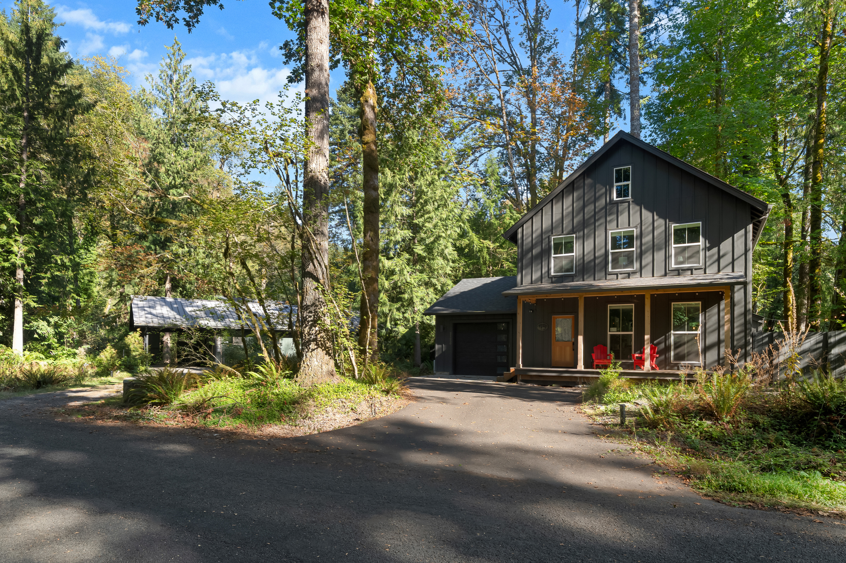 Your own private compound: two fully separate cabins, steps apart in the Mt. Hood woods.
