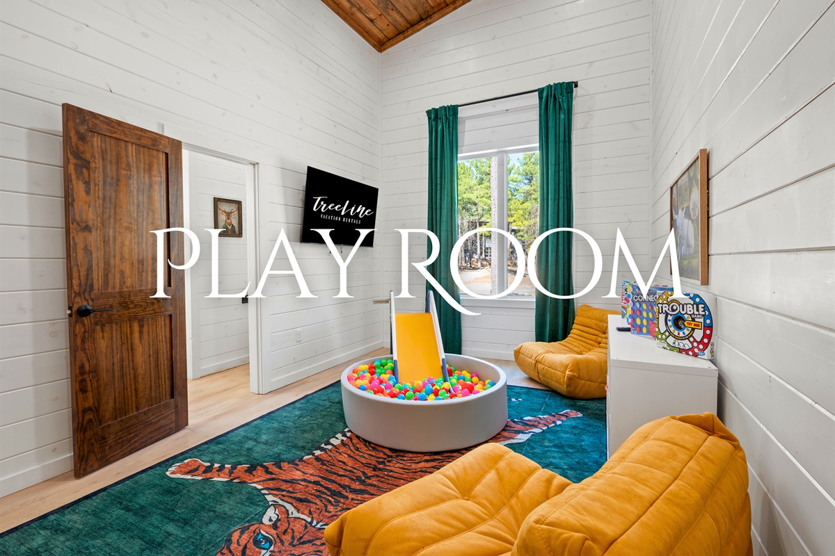 The playroom is designed for endless fun, with games, books, and a ball pit to keep little ones entertained.