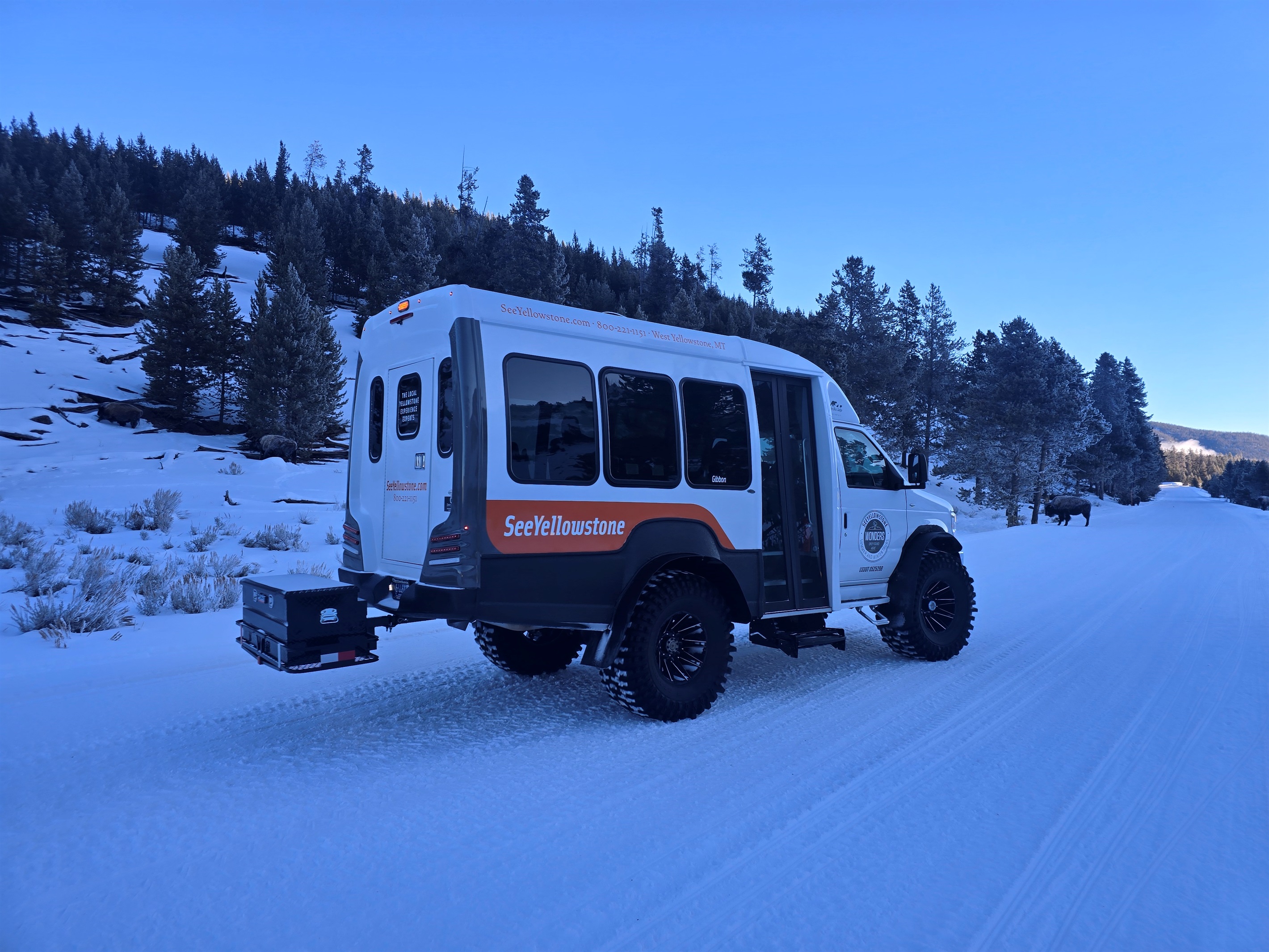 Snowcoach tours bring Yellowstone’s winter beauty to life, from steaming geysers to frozen waterfalls. Enjoy the comfort of a heated ride while someone else drives, giving you time to watch wildlife, take photos, and simply enjoy the snowy landscape.